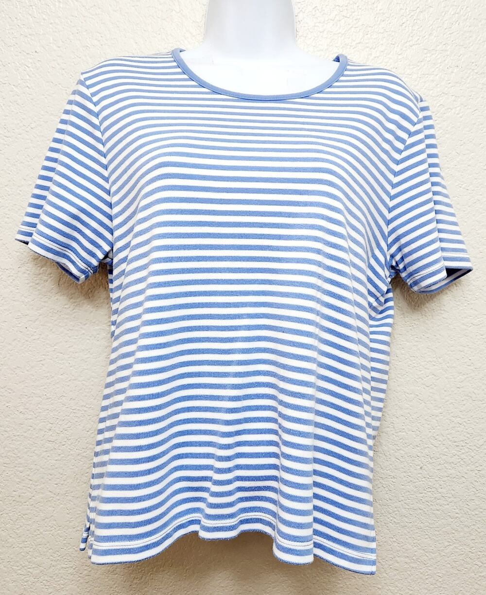 Draper's & Damon's Blue White Striped Round Neck Top Large Lightweight Stretch